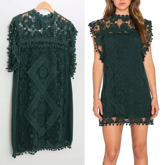 Tularosa Revolve Clayton Tunic Mini Dress L Hunter Green Pom Pom Trim Lace $210 - Picture 16 of 16